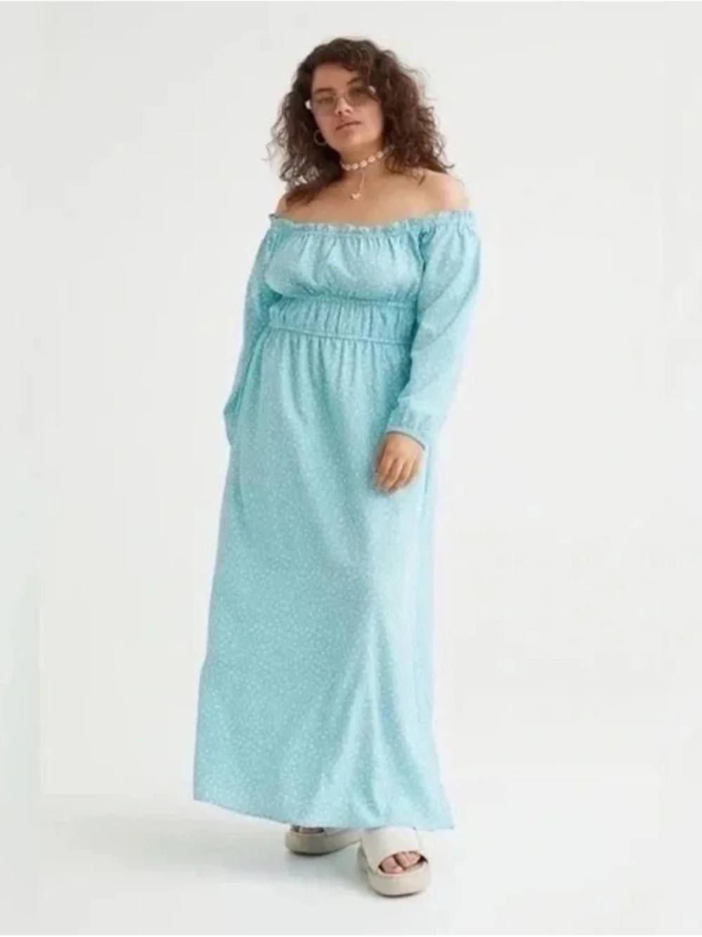 H&M+ | Off-The-Shoulder Crêped Dress Turquoise